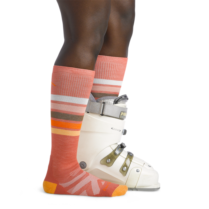Women's Snowburst Snowboard and Ski Socks in Canyon,  back foot with ski boot 