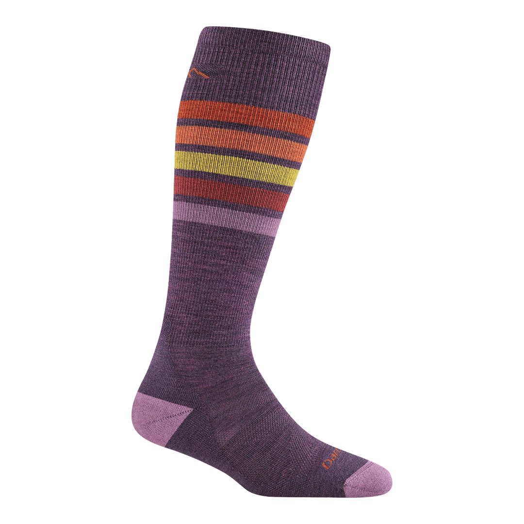 8028 Snowburst over-the-calf ski and snowboard sock in Plum with a light purple heel/toe dark purple body and orange yellow red and purple stripe on calf