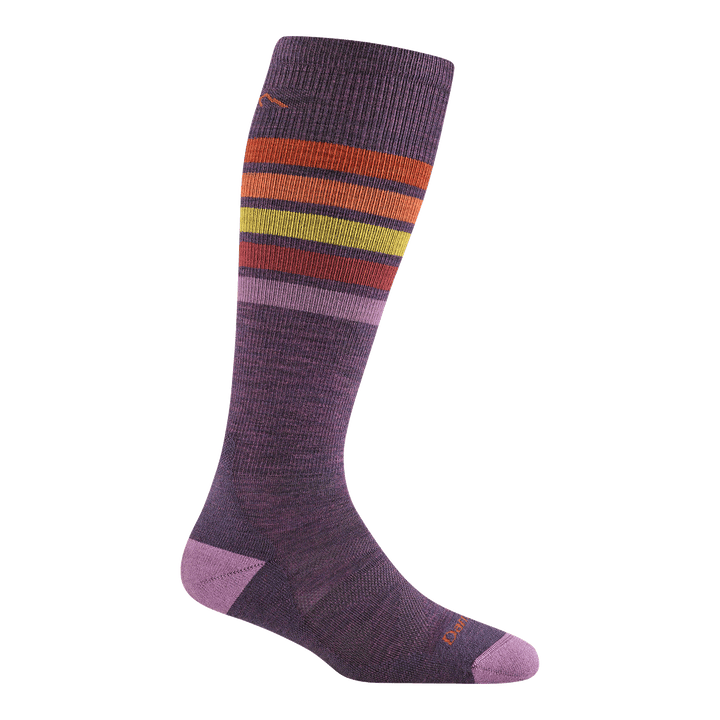 8028 Snowburst over-the-calf ski and snowboard sock in Plum with a light purple heel/toe dark purple body and orange yellow red and purple stripe on calf