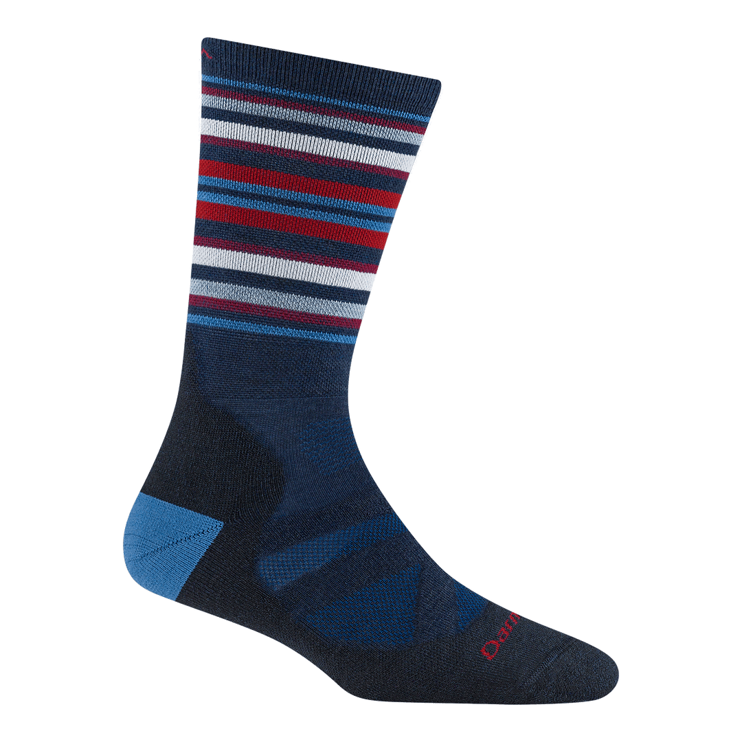 8033 Olso nordic boot sock in Eclipse featuring a dark blue body light blue heel, and red white and blue stripes on leg