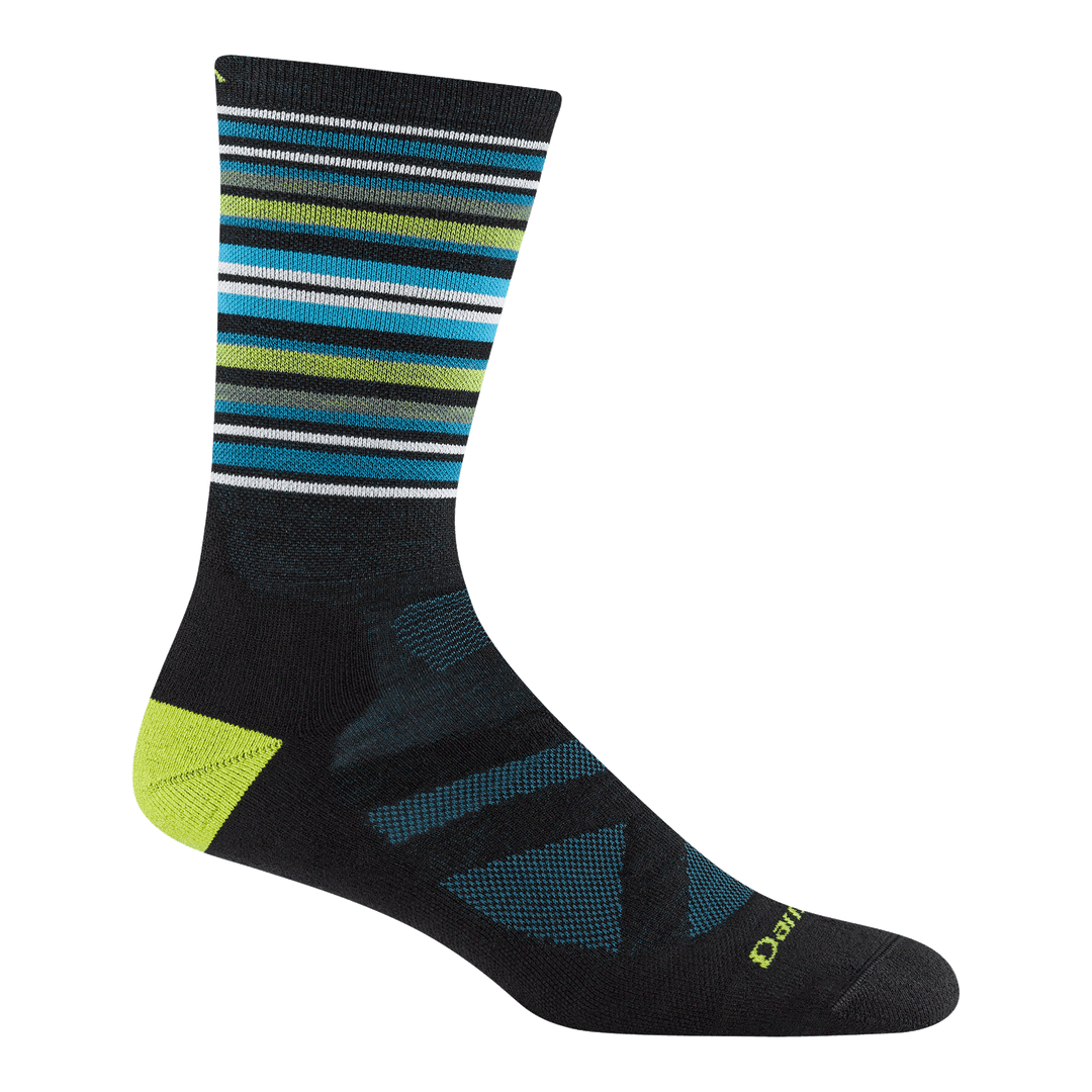 8034 oslo nordic boot sock in Black featuring a black body bright green heel with small stripes in white blue and green on the leg
