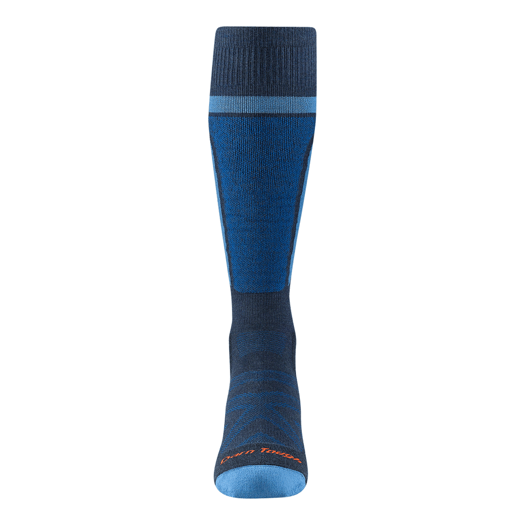 front view of the 8053 edge over the calf  Eclipse featuring a light blue toe and stripe around the cuff  with a darker blue shin pad