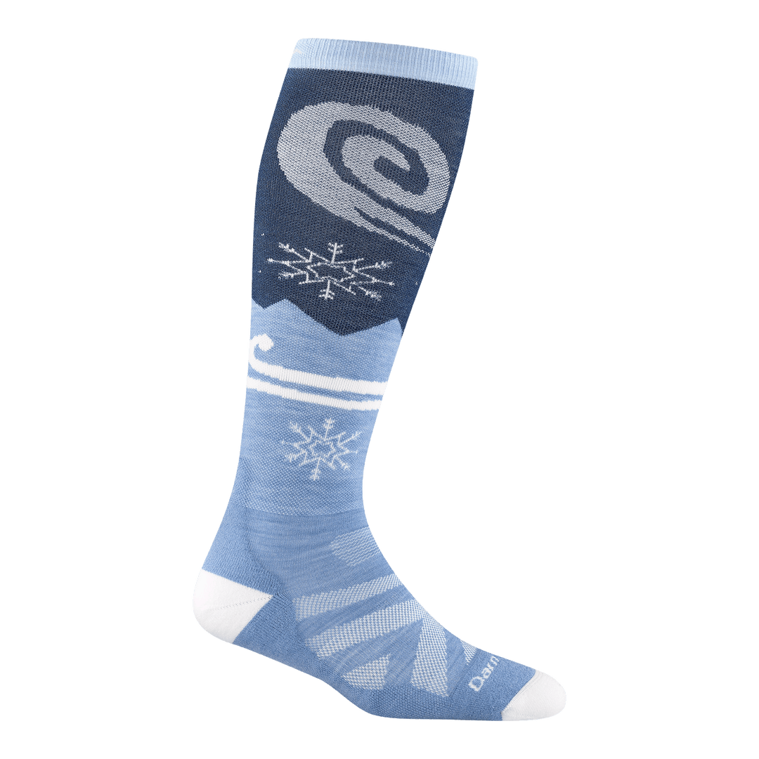 reverse 8054 swirlwind other calf in midnight featuring a white heel/toe light blue body with snow flake and swirl on the leg 