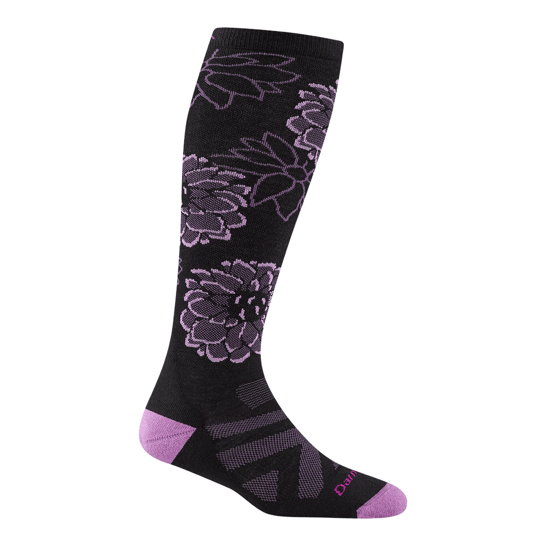Reverse 8056 Dahlia Over the calf in Black featuring purple heel/toe and flowers on the leg 