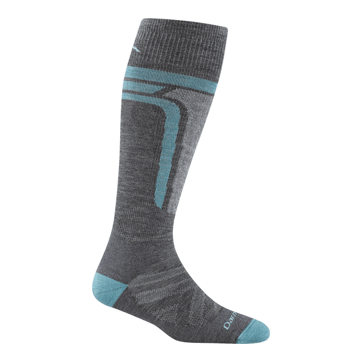 8057 Edge over the calf in gray with aqua heel/toe with stripe around the cuff and one going down the leg next to the shin pad