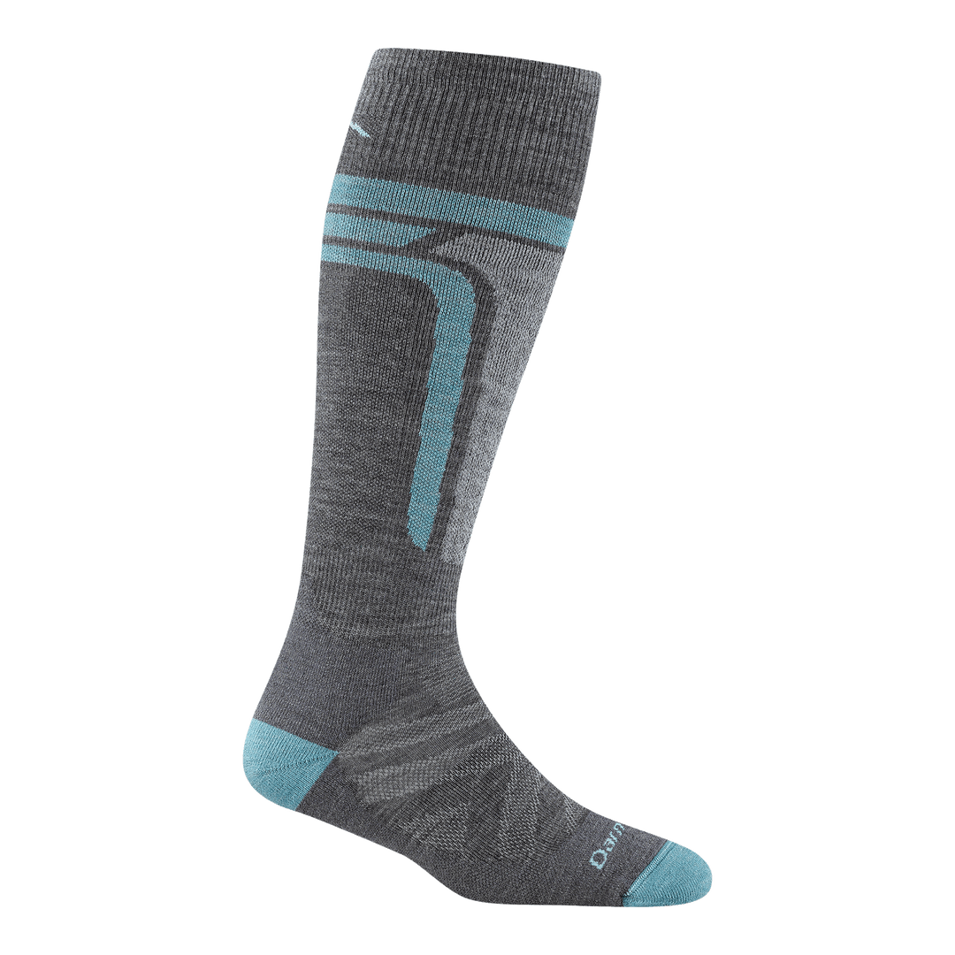 8057 Edge over the calf in gray with aqua heel/toe with stripe around the cuff and one going down the leg next to the shin pad