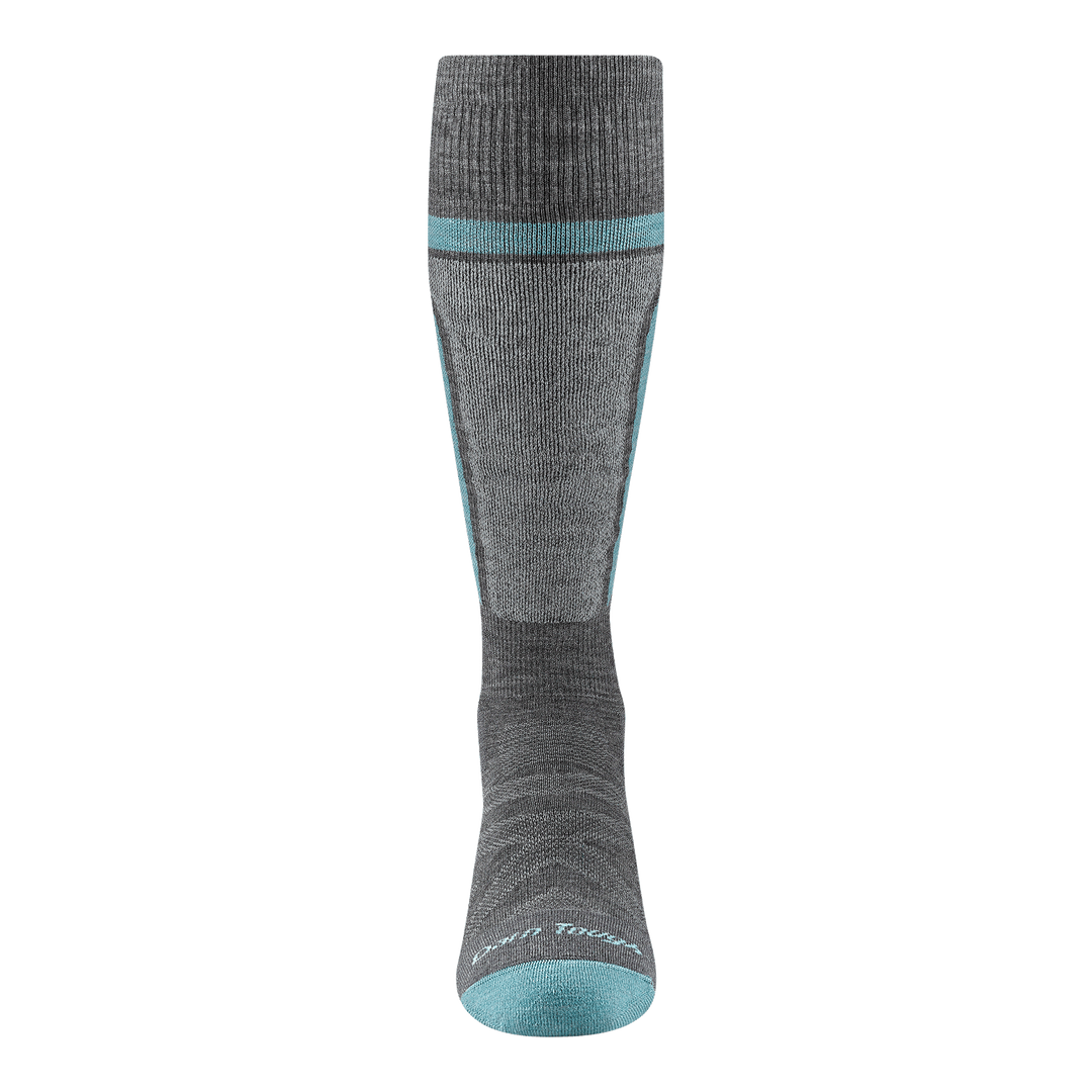 Front image of the 8057 Edge in gray featuring the shin pad in gray with aqua to and stripe at the cuff