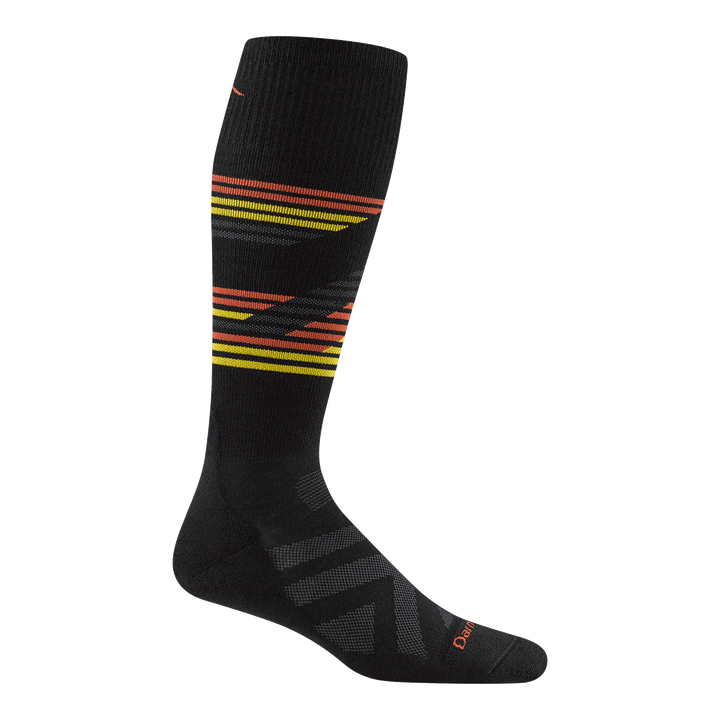 8061 Carve over-the-calf ski and snowboard sock in black featuring a full black body with yellow and orange stripes on the calf