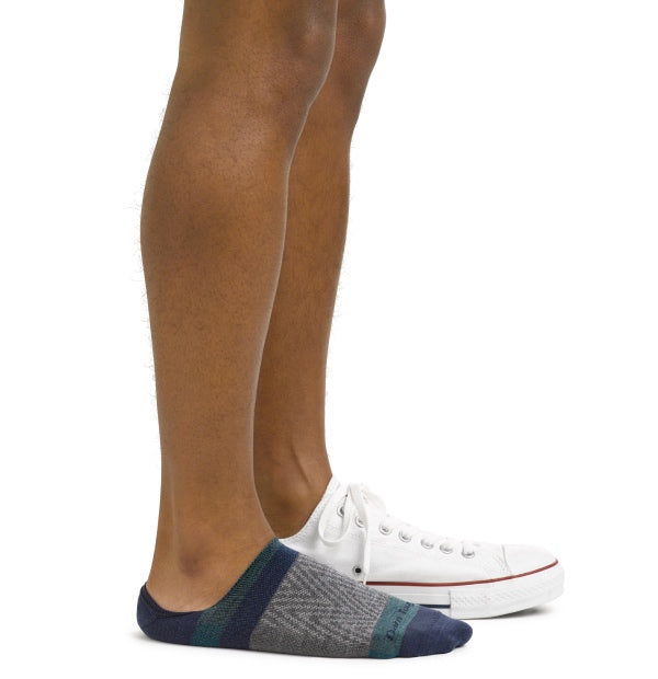 A pair of feet wearing no show socks with a pair of low top converse