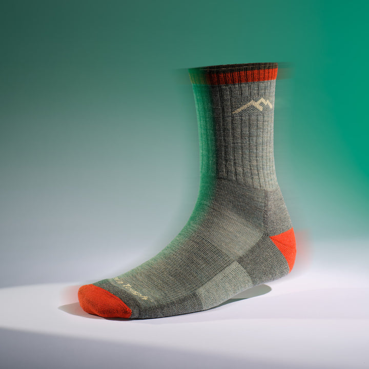 men's hiker micro crew sock in the color sage on a foot form