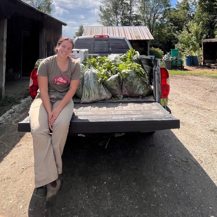 Woman seated in truck bed with a load of fresh lettuce