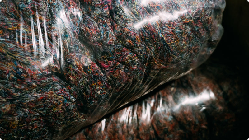 Bags full of "lint sausage" - the excess yarn clippings from the knitting process