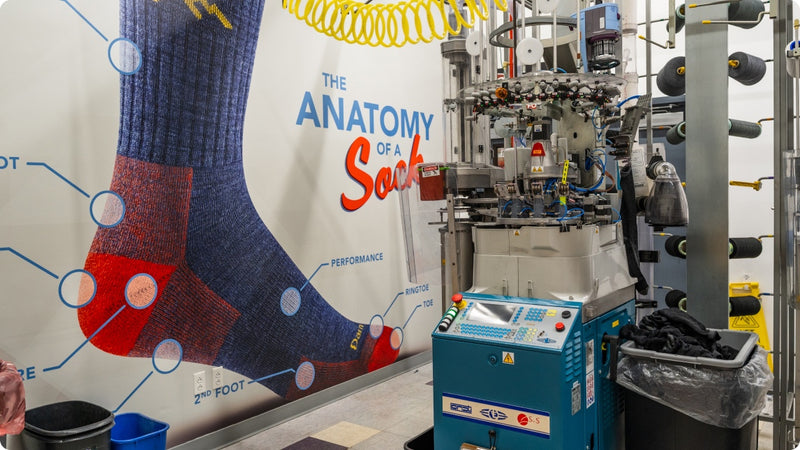A single knitting machine used for training next to a mural outlining sock anatomy 