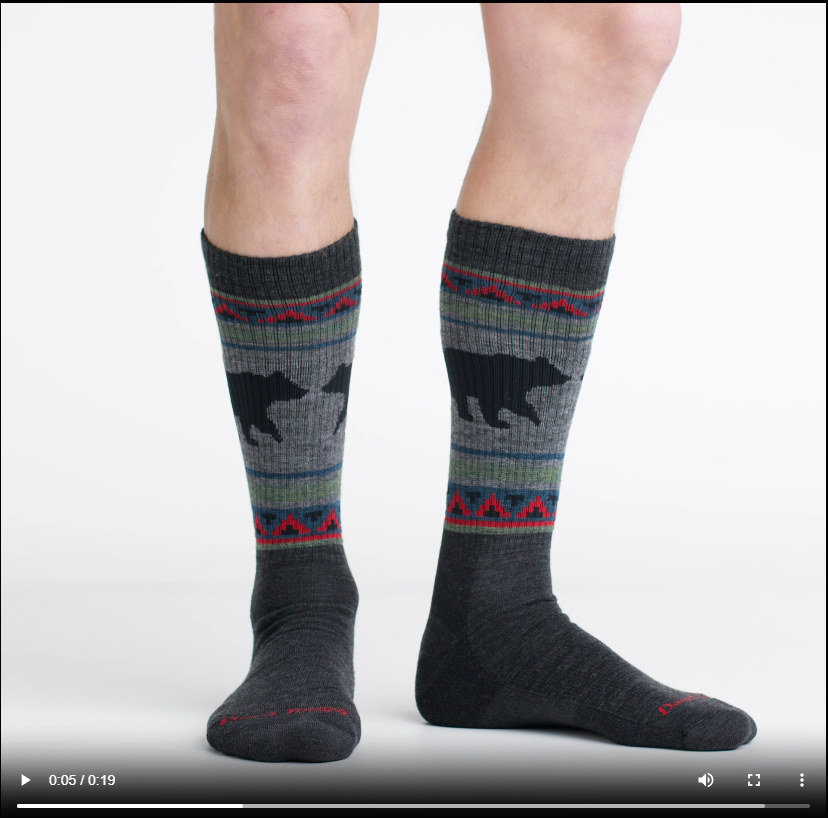model walking in circle wearing the 1980 Van Grizzle boot sock