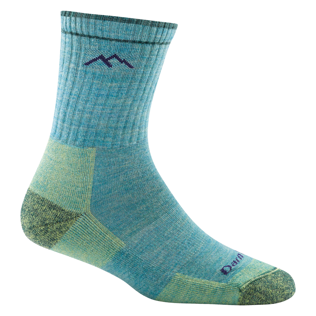 1903 women's hiker micro crew hiking sock in aqua with green toe/heel accents an purple darn tough mountain detail