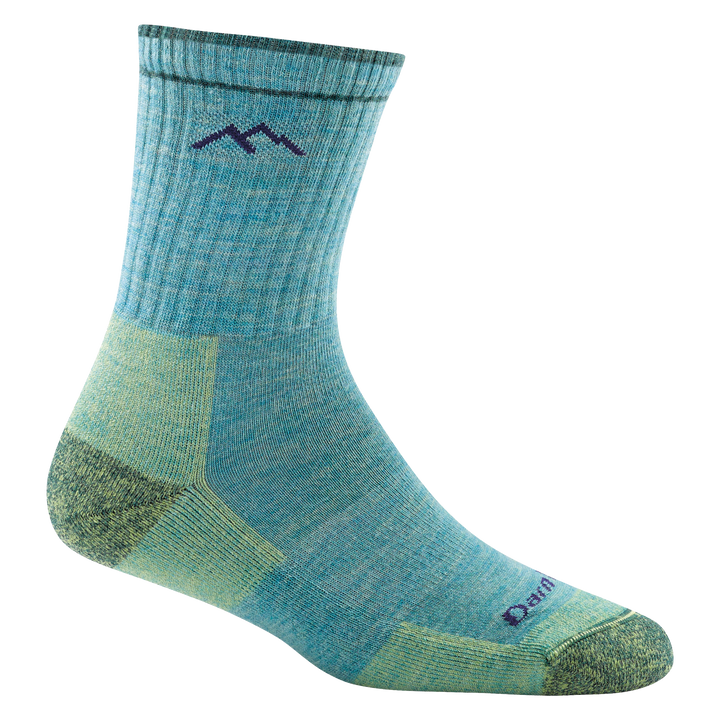 1903 women's hiker micro crew hiking sock in aqua with green toe/heel accents an purple darn tough mountain detail