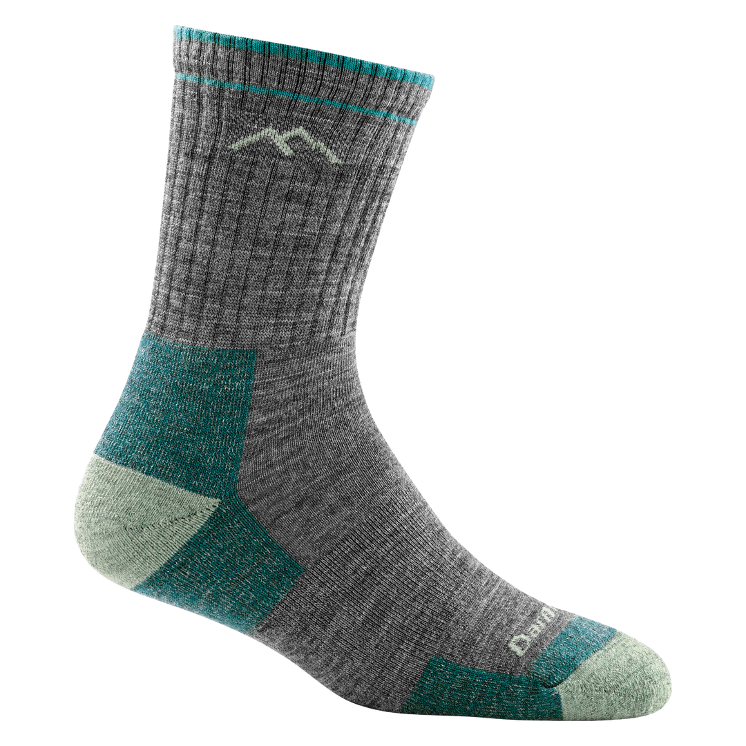 1903 women's micro crew hiking sock in color slate gray with seafoam toe/heel accents and teal color block details