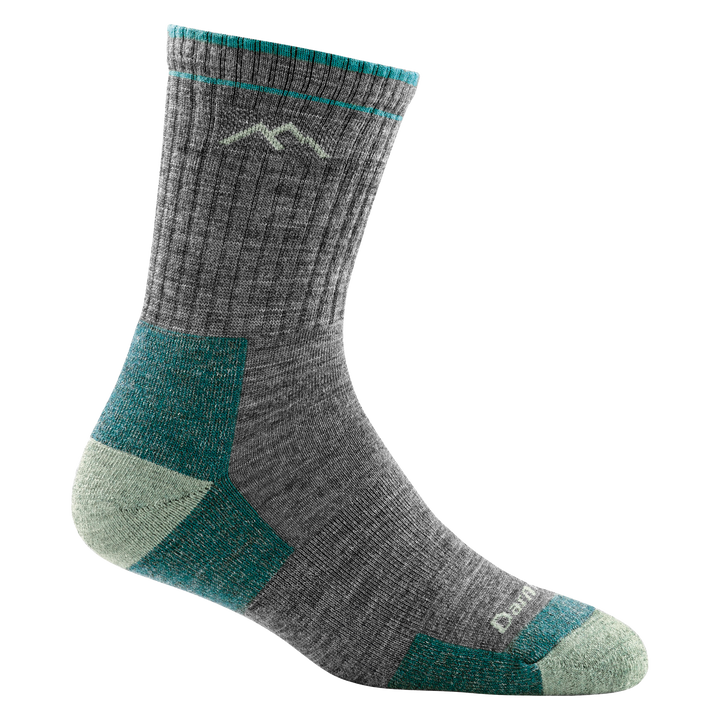 1903 women's micro crew hiking sock in color slate gray with seafoam toe/heel accents and teal color block details