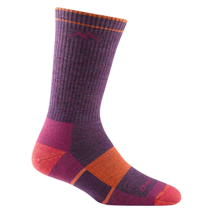 1908 women's hiking boot sock in color plum heather with coral toe/heel accents and orange color block on forefoot