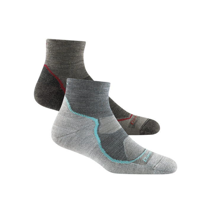 2 pack bundle shot including women's slate and men's taupe light quarter hiking sock 
