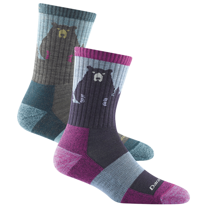 2 pack bundle shot including 2 pairs of the women's bear town micro crew hiking sock in purple and in aqua