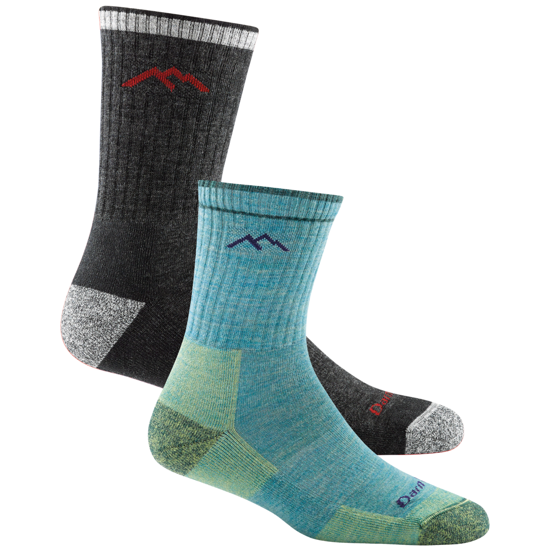 2 pack bundle shot of the men's micro crew hiking sock in black and the women's micro crew hiking sock in aqua