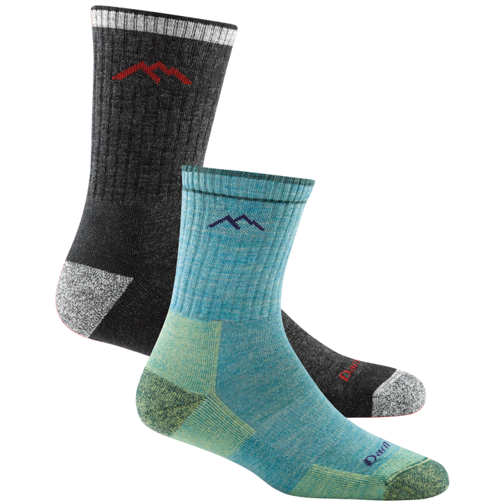 2 pack bundle shot of the men's micro crew hiking sock in black and the women's micro crew hiking sock in aqua