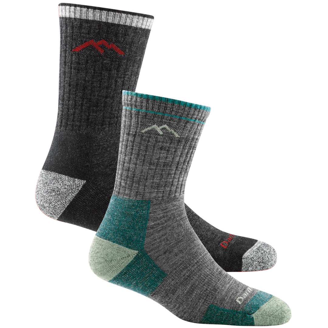 2 pack bundle shot of the men's micro crew hiking sock in black and women's micro crew hiking sock in slate
