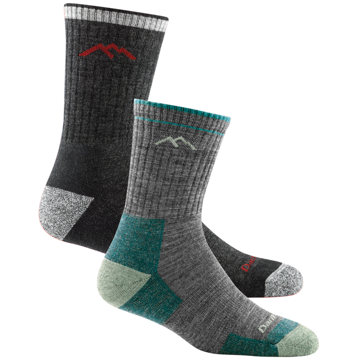 2 pack bundle shot of the men's micro crew hiking sock in black and women's micro crew hiking sock in slate