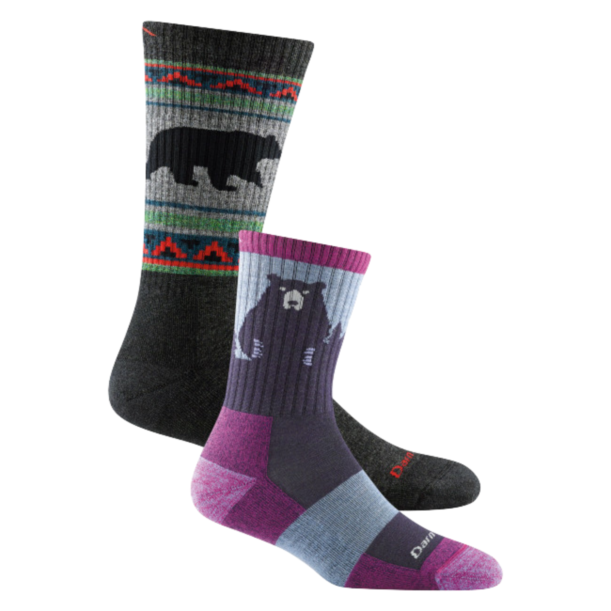 2 pack bundle shot including the men's vangrizzle boot sock in charcoal and the women's bear town micro crew sock in purple
