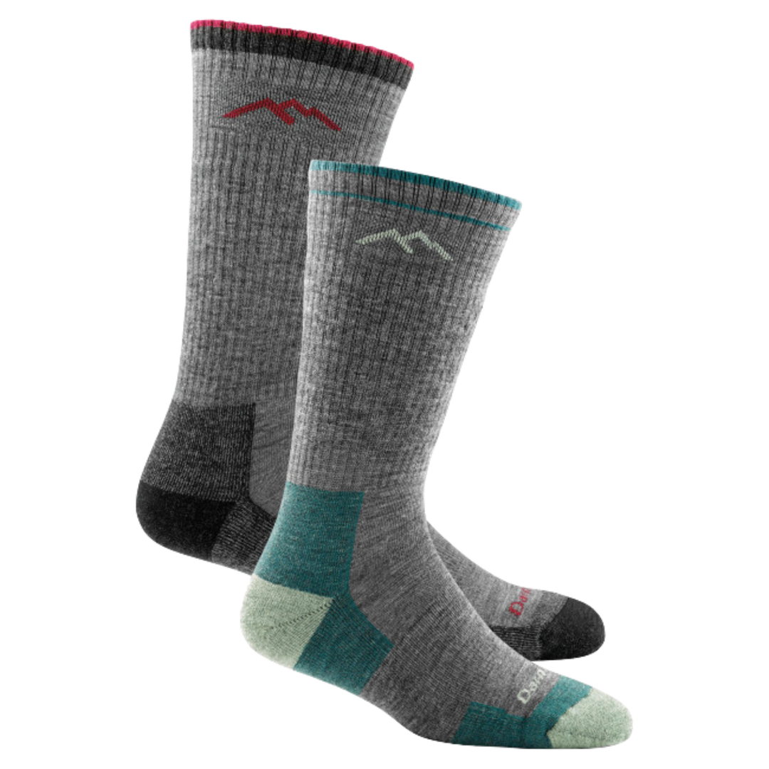 2 pack bundle shot of the men's boot hiking sock in charcoal and the women's boot hiking sock in slate