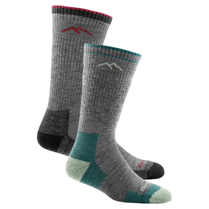 2 pack bundle shot of the men's boot hiking sock in charcoal and the women's boot hiking sock in slate