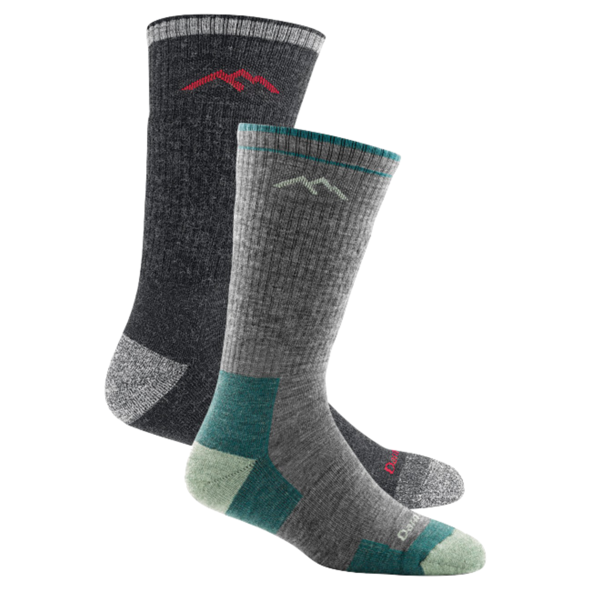 2 pack bundle shot of the men's boot hiking sock in black and the women's boot hiking sock in slate