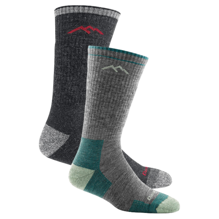 2 pack bundle shot of the men's boot hiking sock in black and the women's boot hiking sock in slate