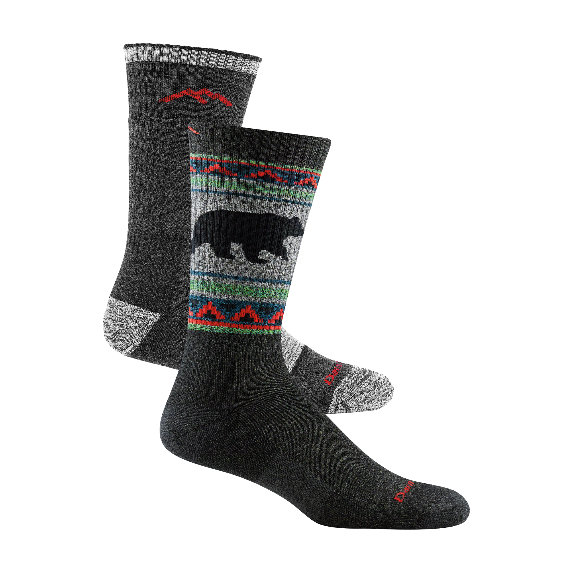 2 pack bundle shot of the men's vangrizzle boot sock in charcoal and the men's boot hiking sock in black 
