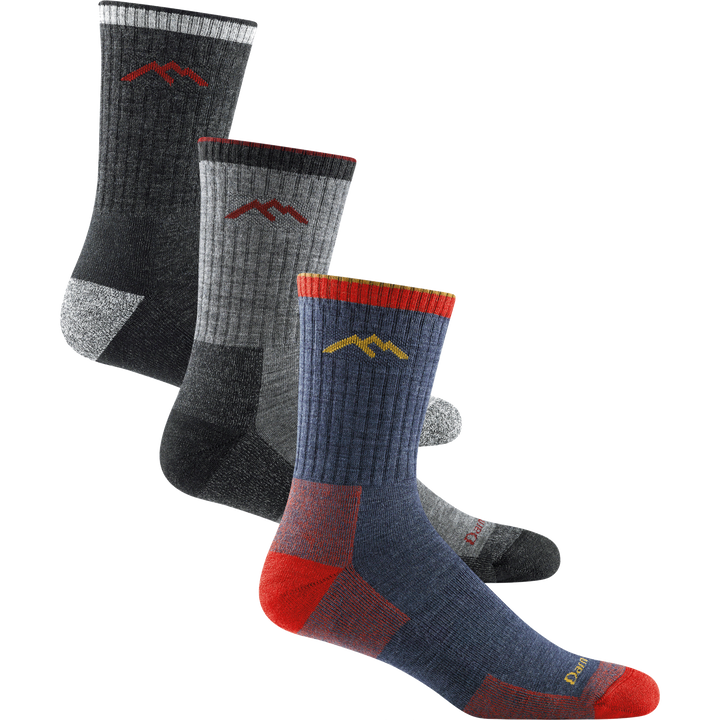 3 pack bundle shot of the men's 1466 micro crew hiking sock in black, charcoal, and denim