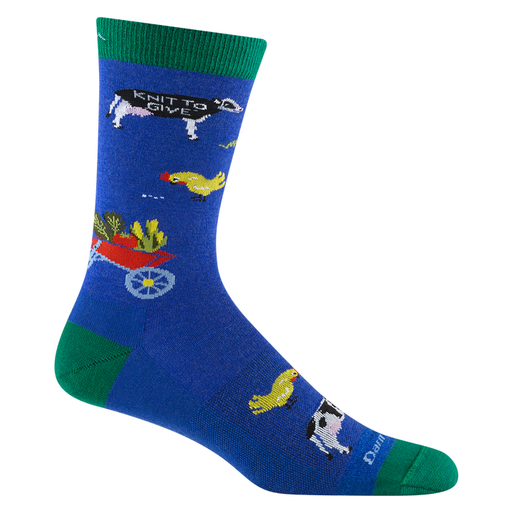 4078 unisex barnyard crew sock in blue with details for the VT Food Bank 'knit to give' series