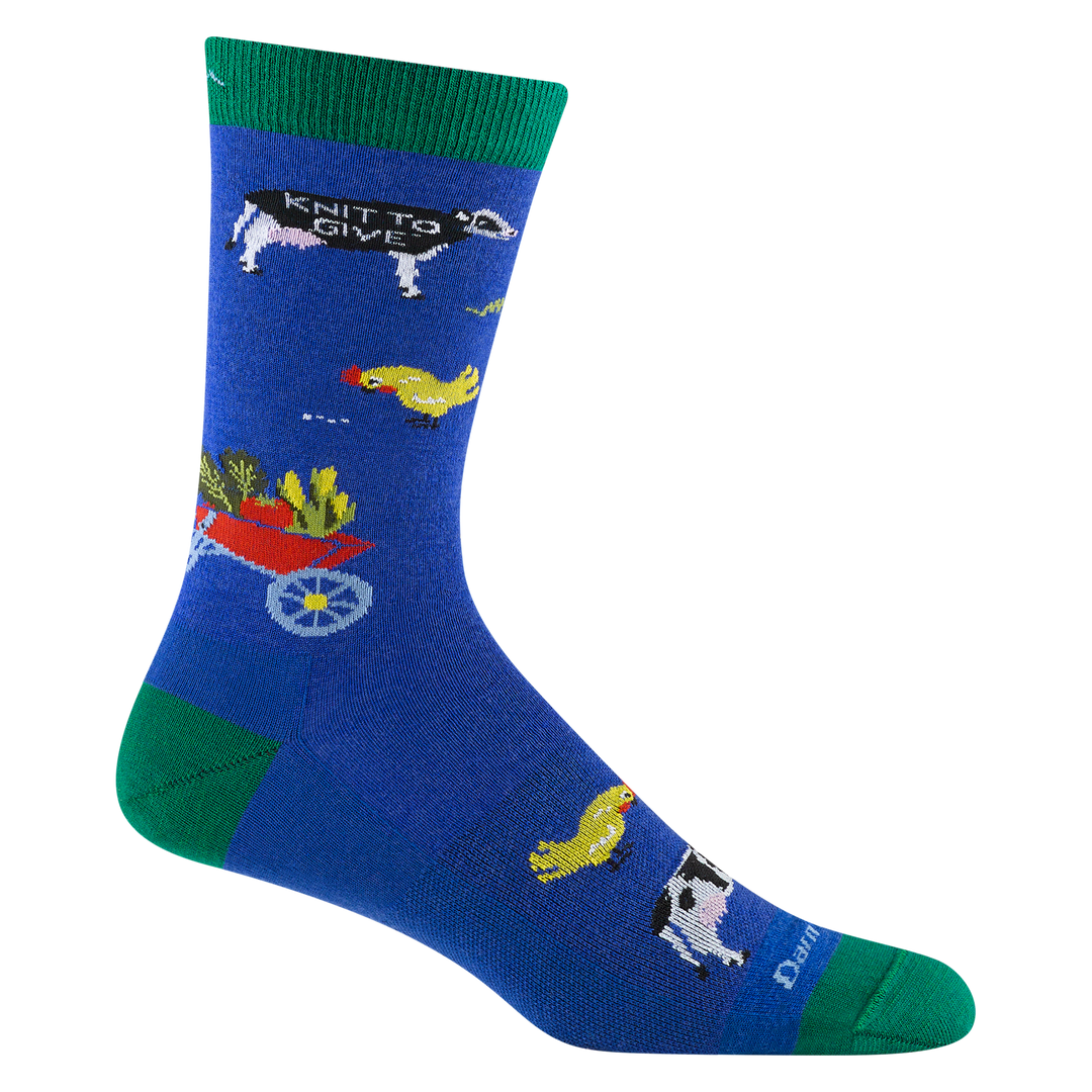4078 unisex barnyard crew sock in blue with details for the VT Food Bank 'knit to give' series