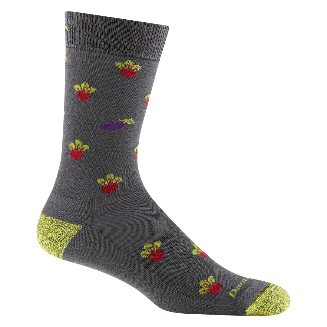 Reverse side of the men's beets crew lifestyle sock in graphite with purple eggplant detail and yellow darn tough signature