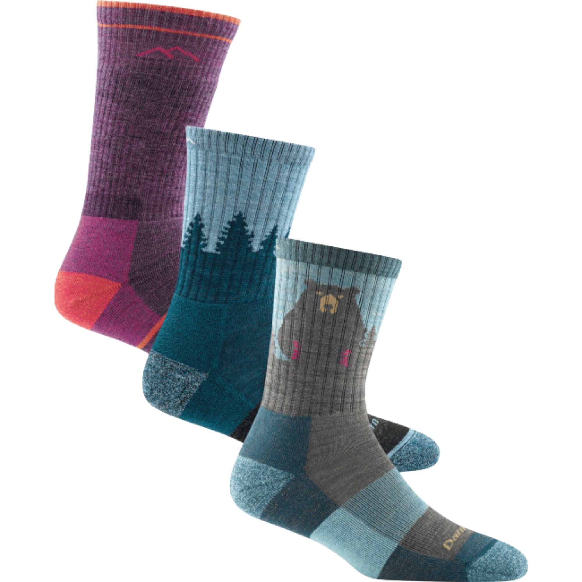 3 pack hiking bundle shot including the women's boot sock in plum heather, the women's treeline micro crew sock in blue, and the women's bear town micro crew sock in aqua