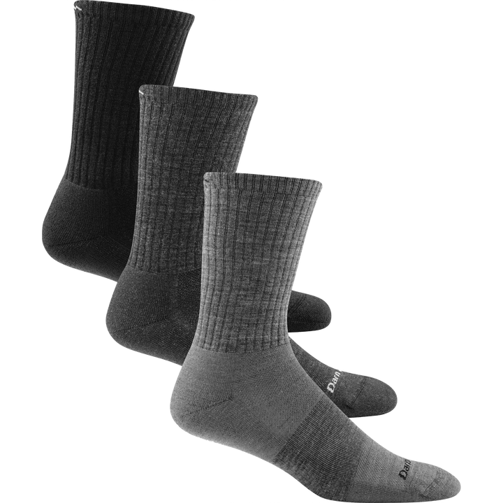 3 pack bundle shot of the men's the standard crew lifestyle sock in colors medium gray, charcoal, and black