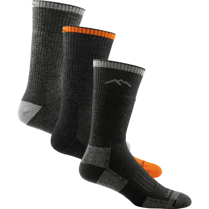 3 pack bundle shot of the men's john henry work sock in gravel, the men's steely boot work sock in graphite, and the unisex hunting boot sock in charcoal 