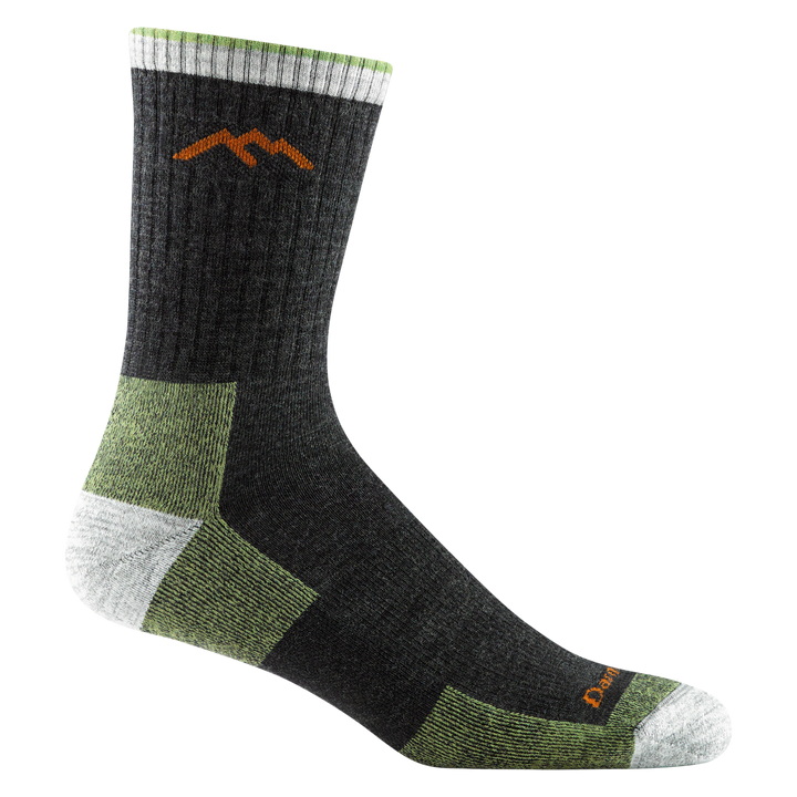 1466 men's micro crew hiking sock in dark green with white toe/heel accents and lime green color block on bottom